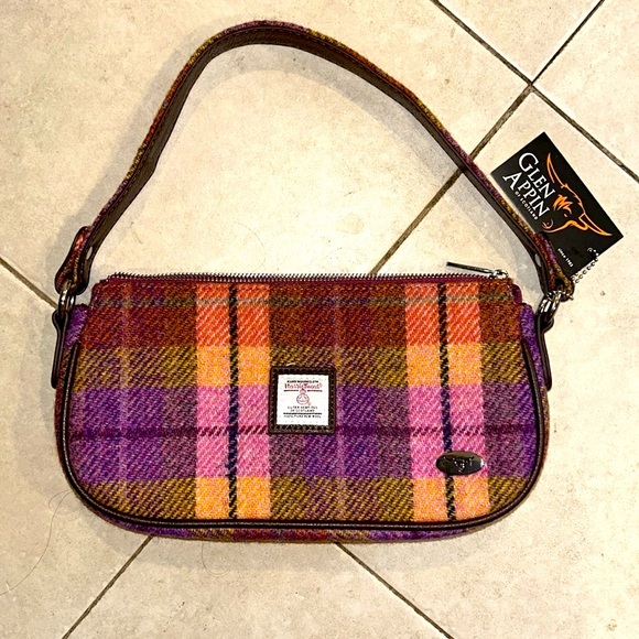 NWTS- HARRIS TWEED Vibrant Plaid Wool Shoulder Bag with Leather Strap - Picture 2 of 4